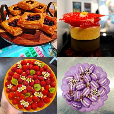 Danishes, tarts, macaron cake