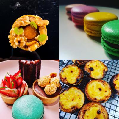 Tart, macarons, mixed desserts, portugese tarts